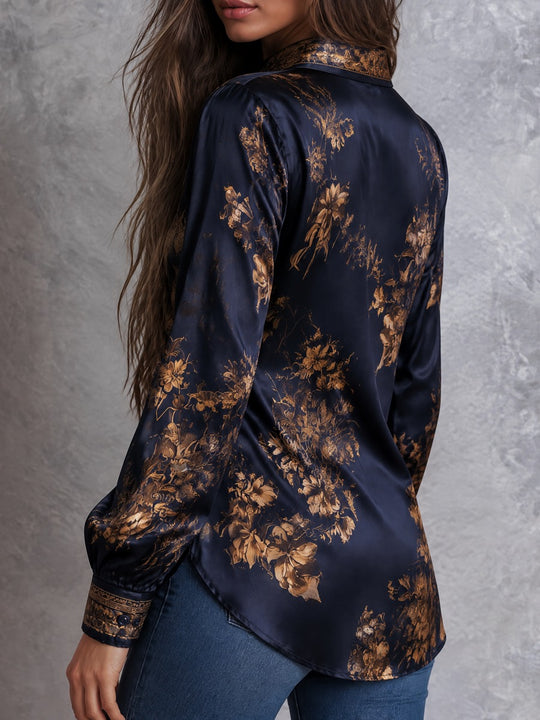 Women's Navy Gold-Tone Floral Print Satin-Look Long Sleeve Button-Up Blouse
