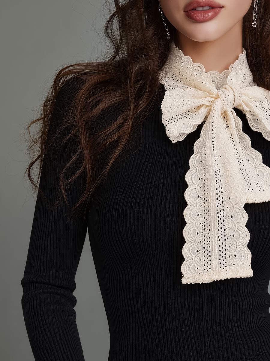 Romantic Black Lace Bow Ribbed Knit Top