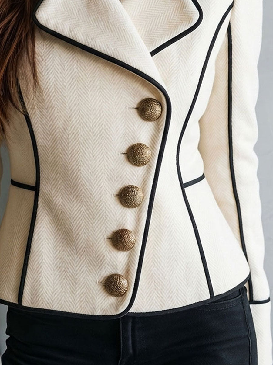 Retro Ivory Herringbone Wool Blend Jacket With Black Piping