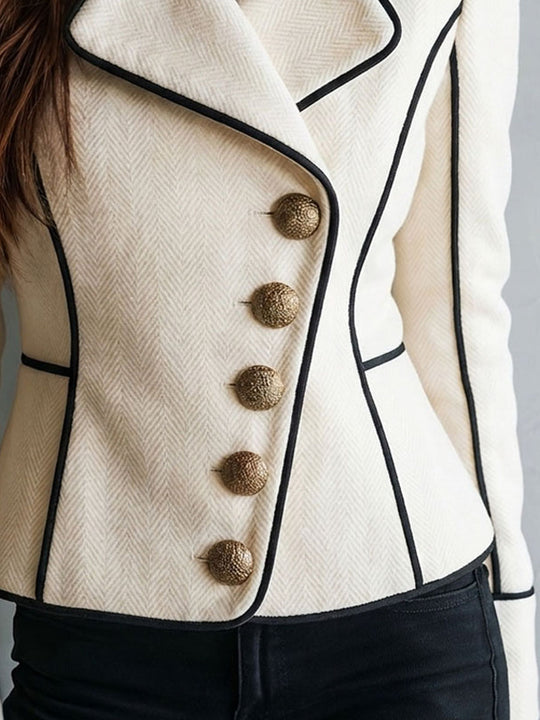 Retro Ivory Herringbone Wool Blend Jacket With Black Piping