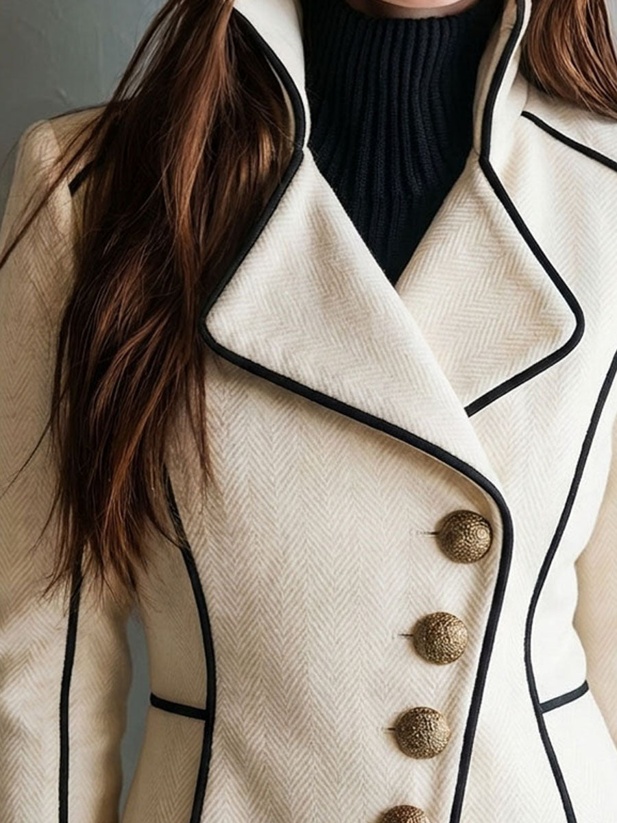 Retro Ivory Herringbone Wool Blend Jacket With Black Piping