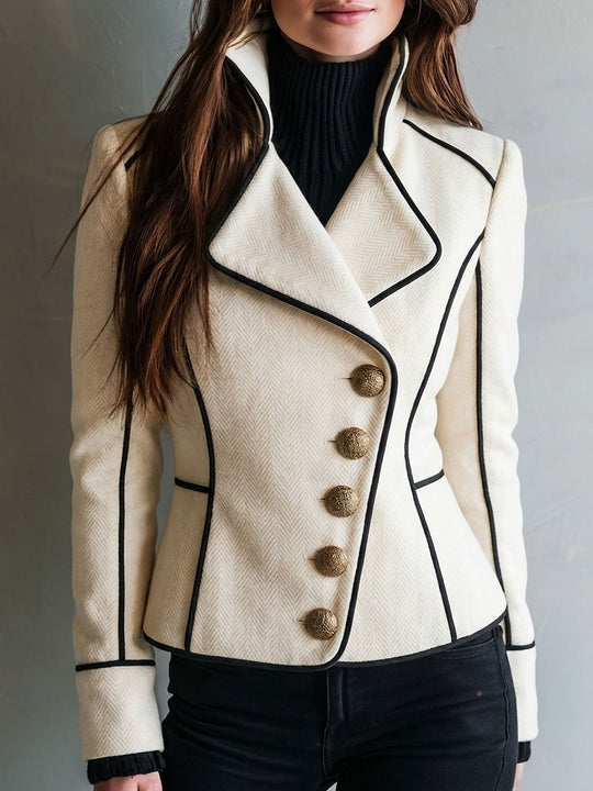 Retro Ivory Herringbone Wool Blend Jacket With Black Piping