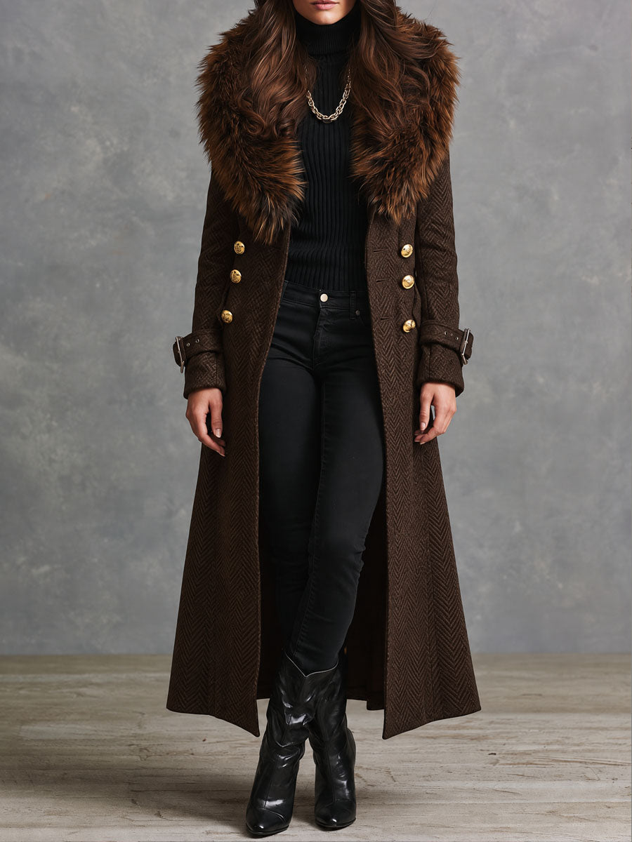 Elegant Dark Brown Faux Fur Collar Long Wool Blend Coat