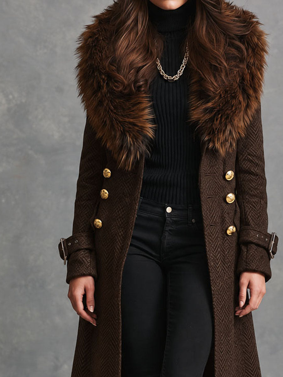 Elegant Dark Brown Faux Fur Collar Long Wool Blend Coat