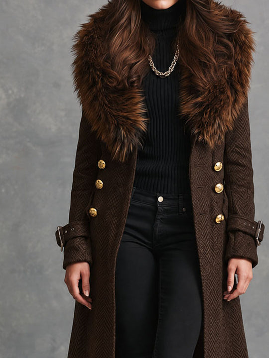 Elegant Dark Brown Faux Fur Collar Long Wool Blend Coat