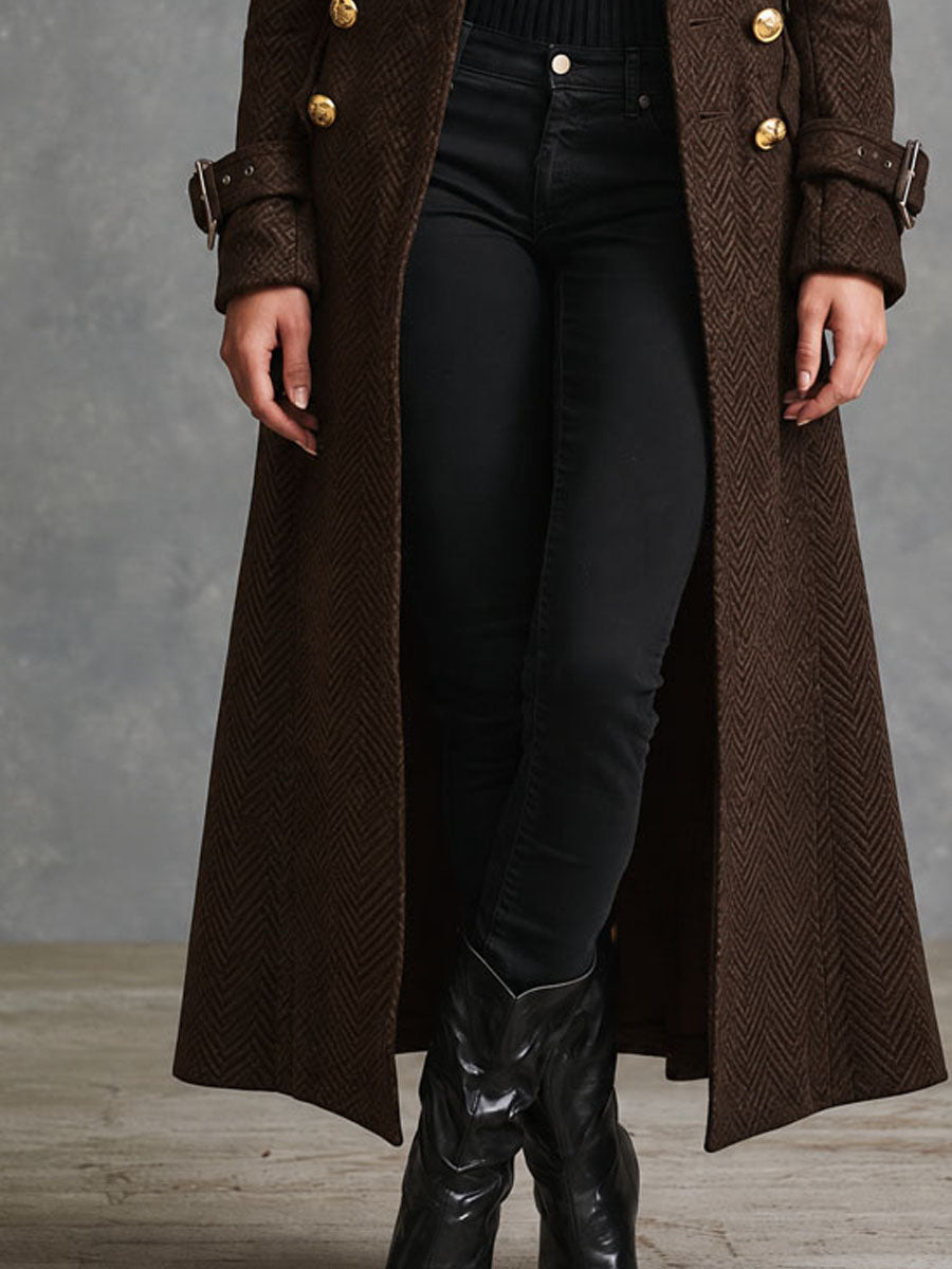 Elegant Dark Brown Faux Fur Collar Long Wool Blend Coat