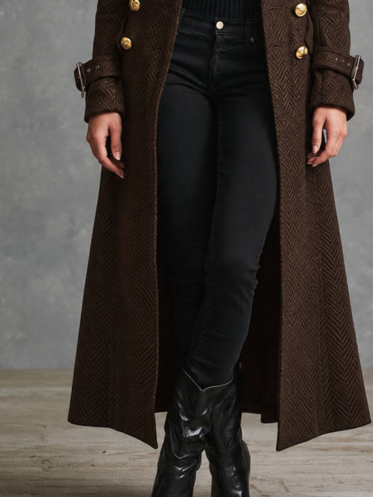 Elegant Dark Brown Faux Fur Collar Long Wool Blend Coat