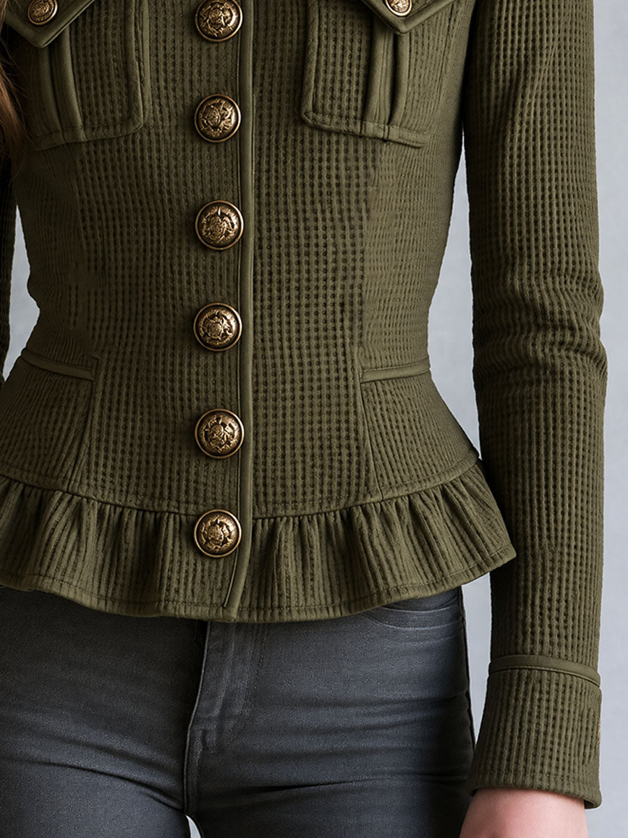 Retro Olive Waffle Texture Tailored Jacket With Ruffle Peplum