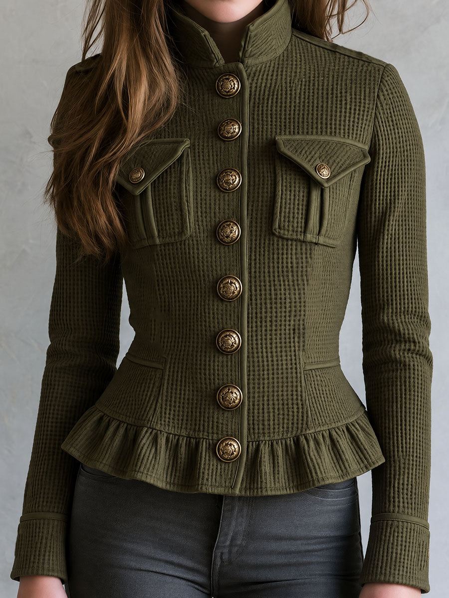Retro Olive Waffle Texture Tailored Jacket With Ruffle Peplum