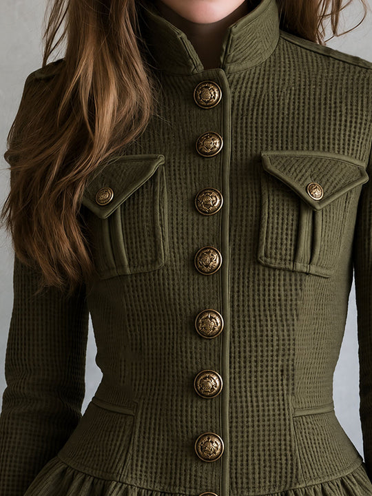 Retro Olive Waffle Texture Tailored Jacket With Ruffle Peplum