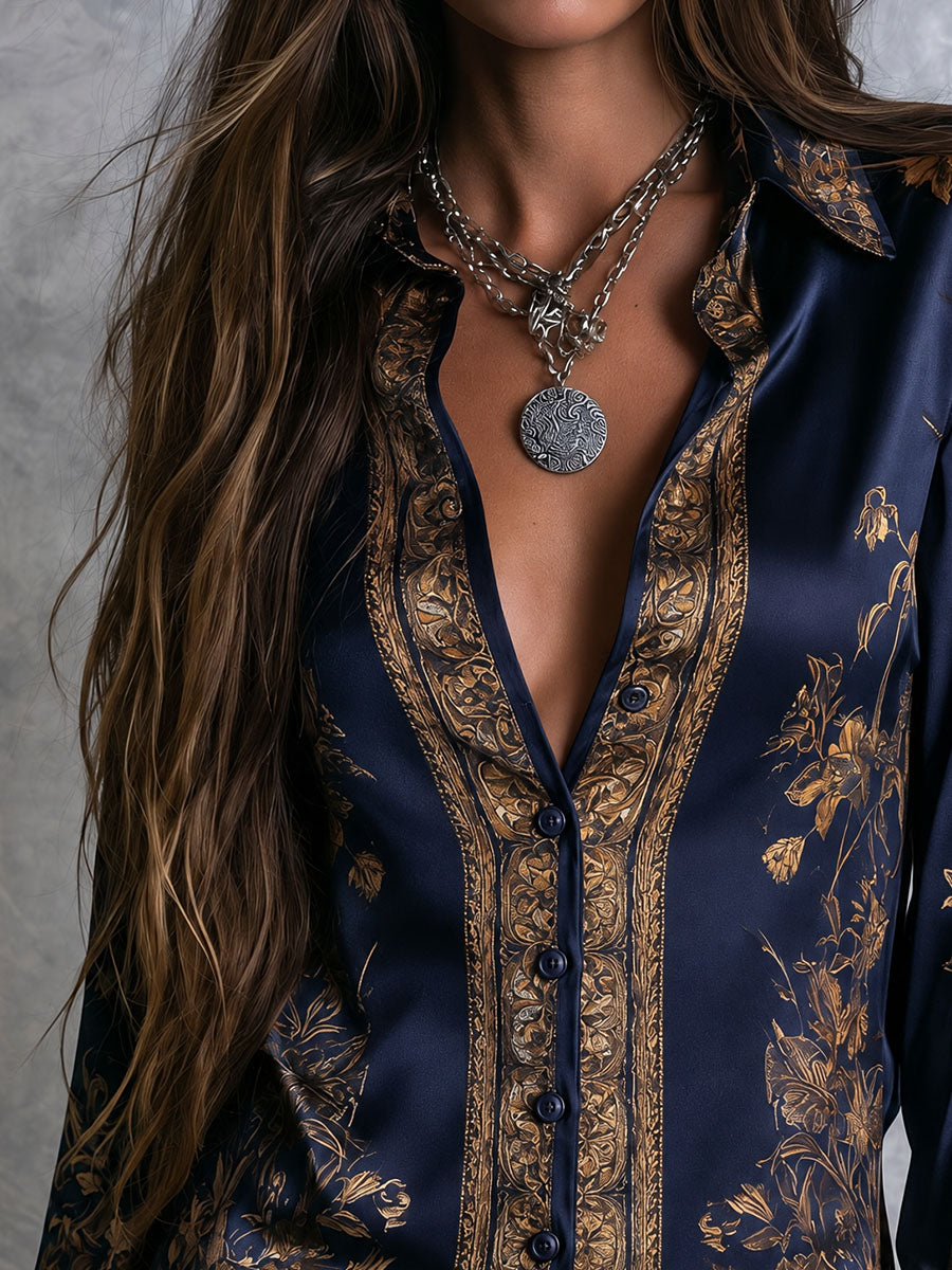 Women's Navy Gold-Tone Floral Print Satin-Look Long Sleeve Button-Up Blouse