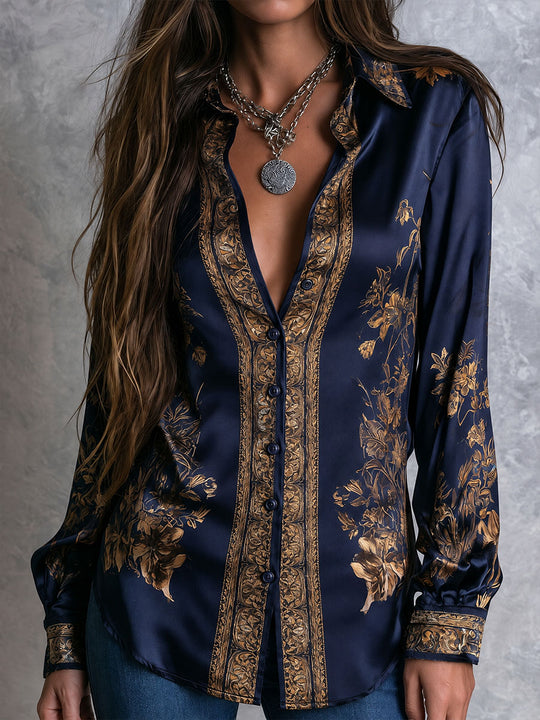 Women's Navy Gold-Tone Floral Print Satin-Look Long Sleeve Button-Up Blouse