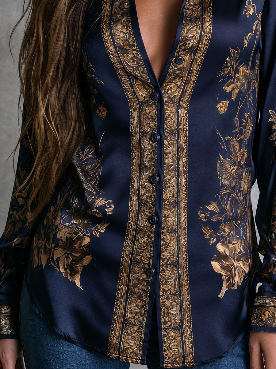 Women's Navy Gold-Tone Floral Print Satin-Look Long Sleeve Button-Up Blouse