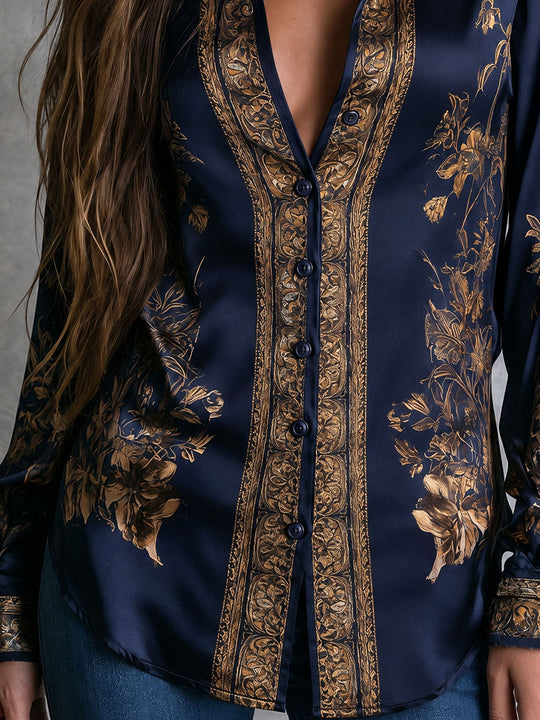 Women's Navy Gold-Tone Floral Print Satin-Look Long Sleeve Button-Up Blouse