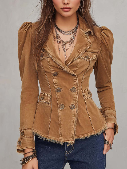 Distressed Double-Breasted Denim Jacket With Fringed Hem