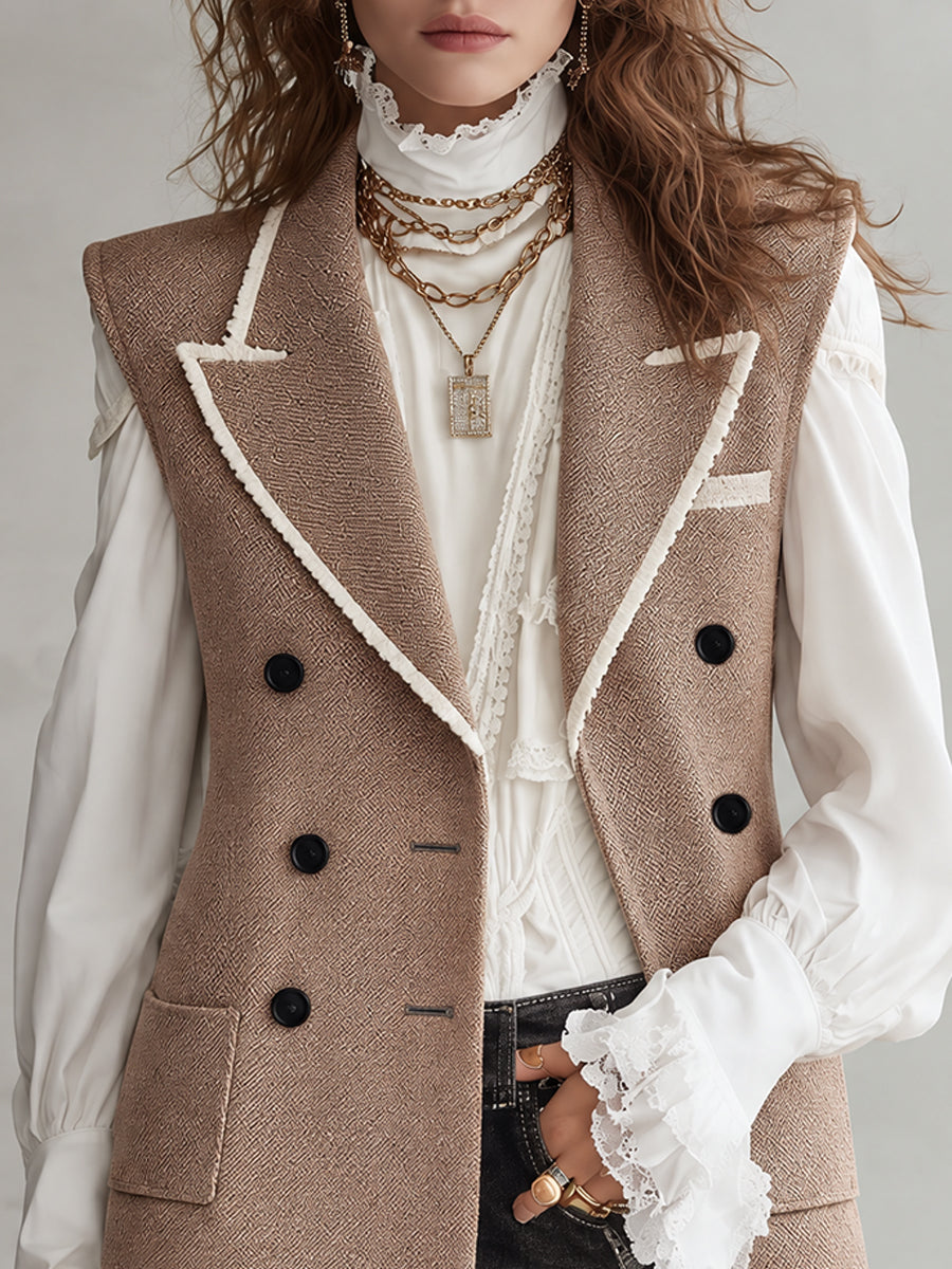 Vintage Bohemian Taupe Piped Tailored Vest
