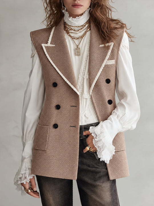 Vintage Bohemian Taupe Piped Tailored Vest