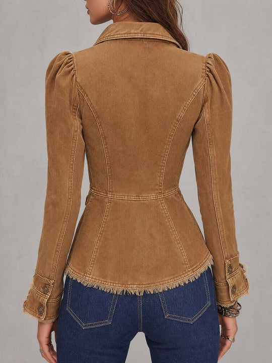 Distressed Double-Breasted Denim Jacket With Fringed Hem