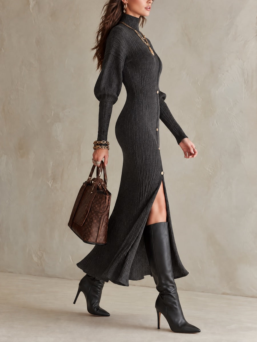 Women's Charcoal Ribbed Knit High-Neck Maxi Dress with Gold-Tone Buttons and Front Slit