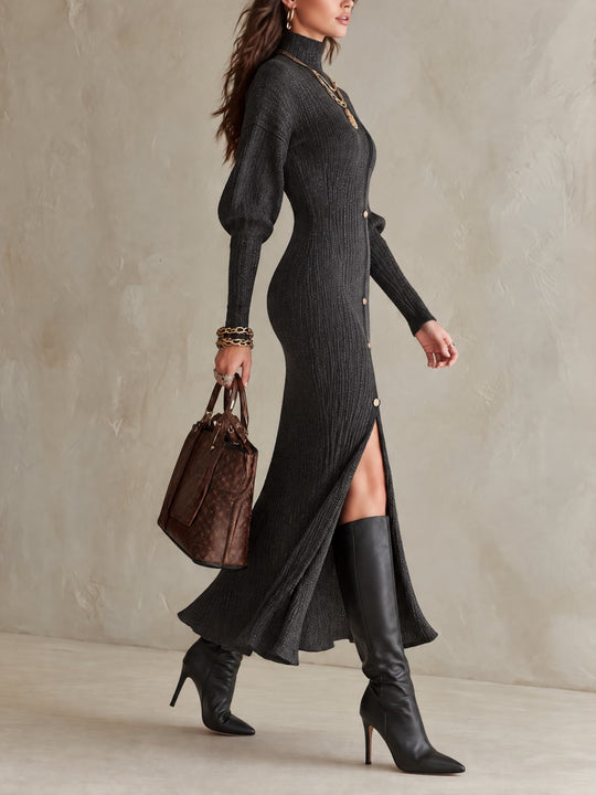 Women's Charcoal Ribbed Knit High-Neck Maxi Dress with Gold-Tone Buttons and Front Slit