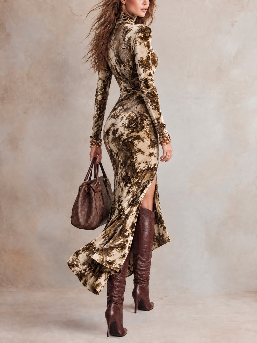 Women's Baroque Print High-Neck Long-Sleeve Maxi Dress with Thigh-High Slit