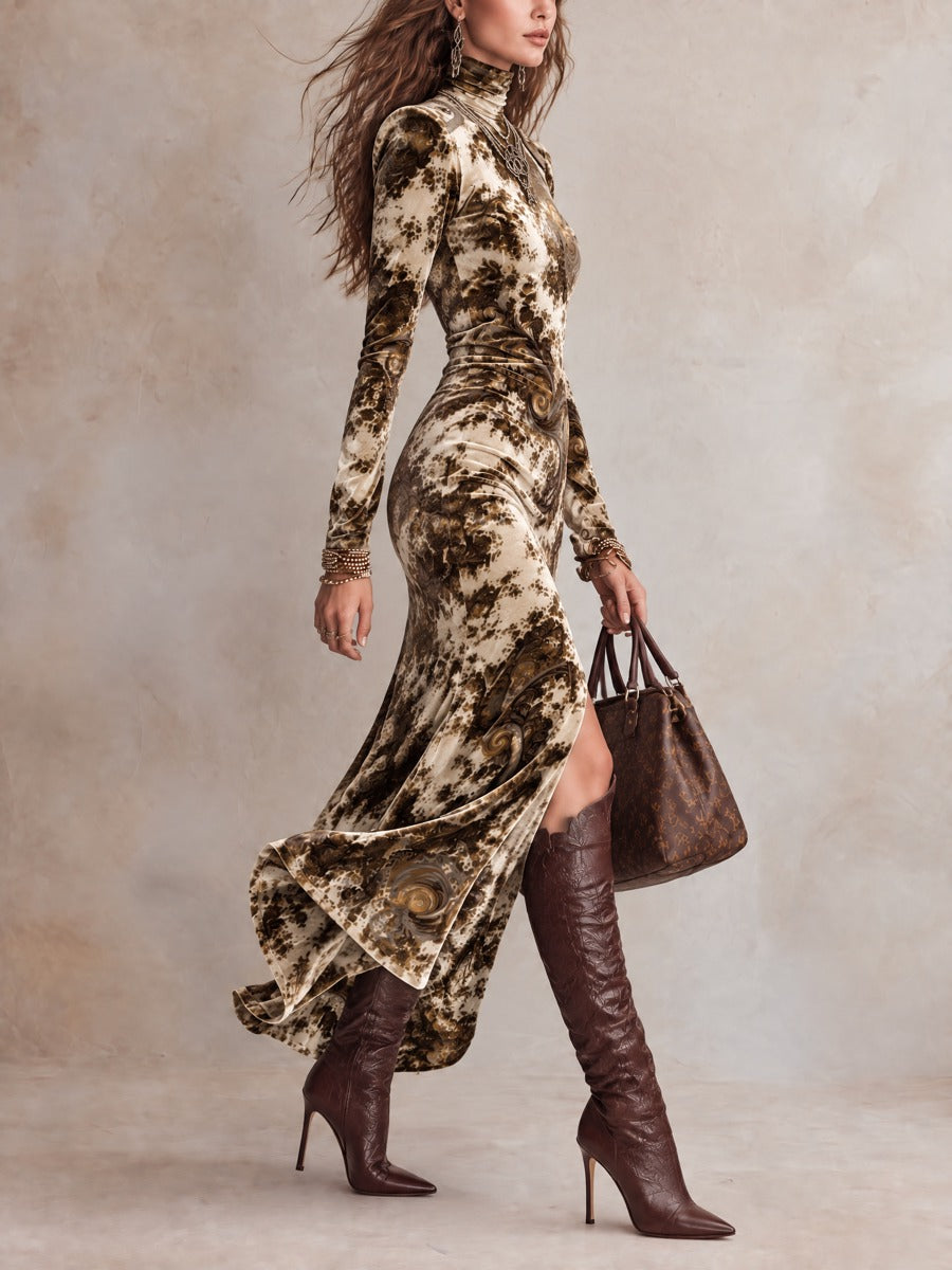 Women's Baroque Print High-Neck Long-Sleeve Maxi Dress with Thigh-High Slit