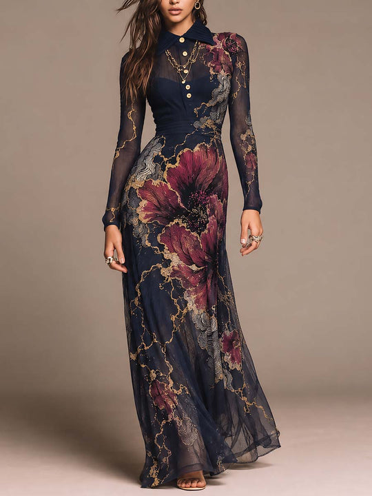Navy Floral Print Maxi Dress with Sheer Long Sleeves and Gold-Tone Buttons
