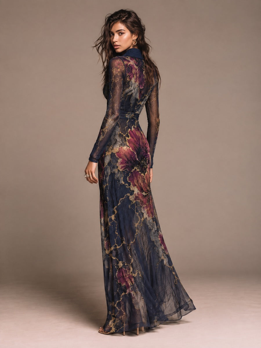 Navy Floral Print Maxi Dress with Sheer Long Sleeves and Gold-Tone Buttons