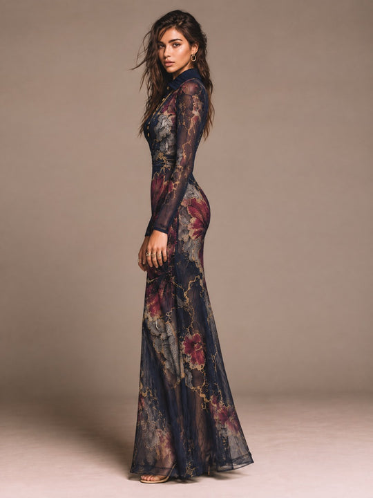 Navy Floral Print Maxi Dress with Sheer Long Sleeves and Gold-Tone Buttons