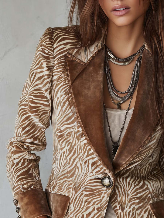 Retro Polyester Velvet Collar Zebra-print Faux Suede Blazer