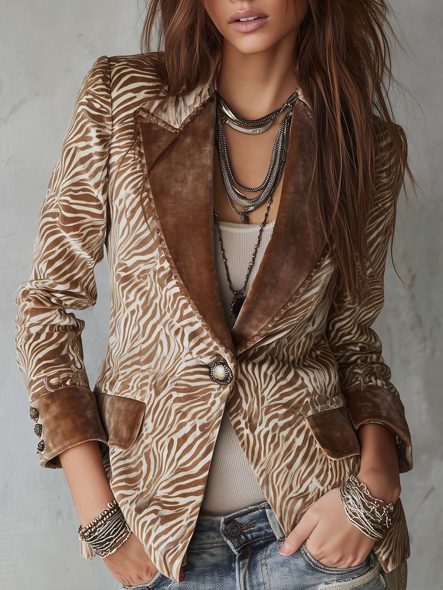 Retro Polyester Velvet Collar Zebra-print Faux Suede Blazer