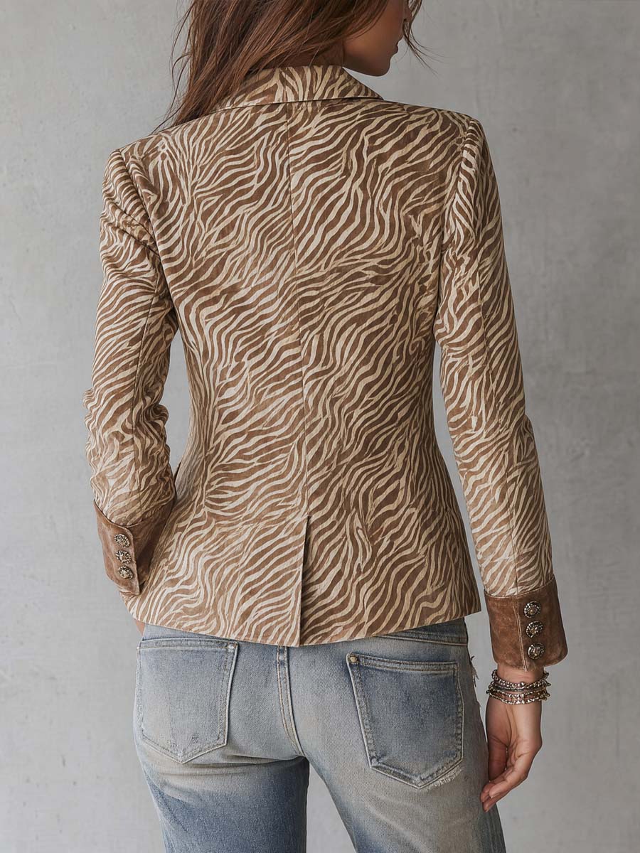 Retro Polyester Velvet Collar Zebra-print Faux Suede Blazer