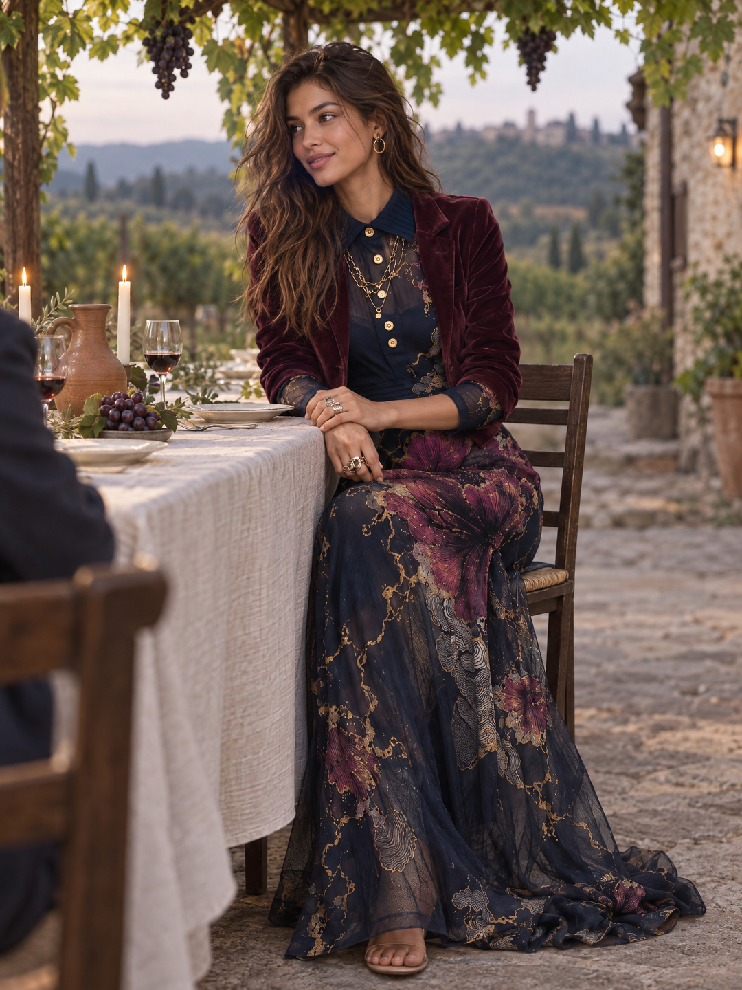 Navy Floral Print Maxi Dress with Sheer Long Sleeves and Gold-Tone Buttons