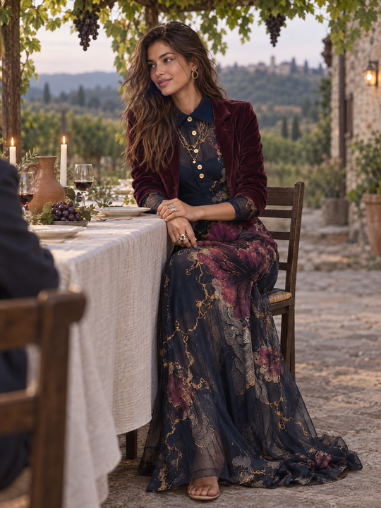 Navy Floral Print Maxi Dress with Sheer Long Sleeves and Gold-Tone Buttons