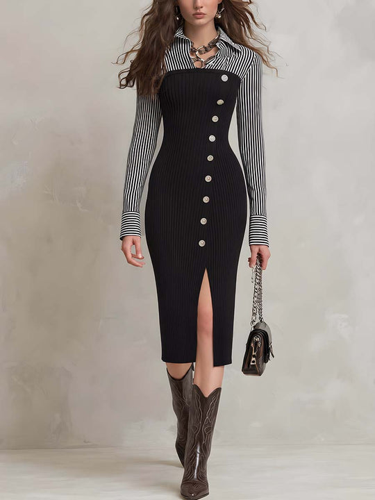 Vintage Striped Panel Faux-layered Knit Midi Dress