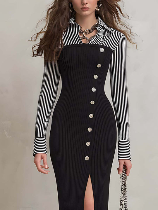 Vintage Striped Panel Faux-layered Knit Midi Dress