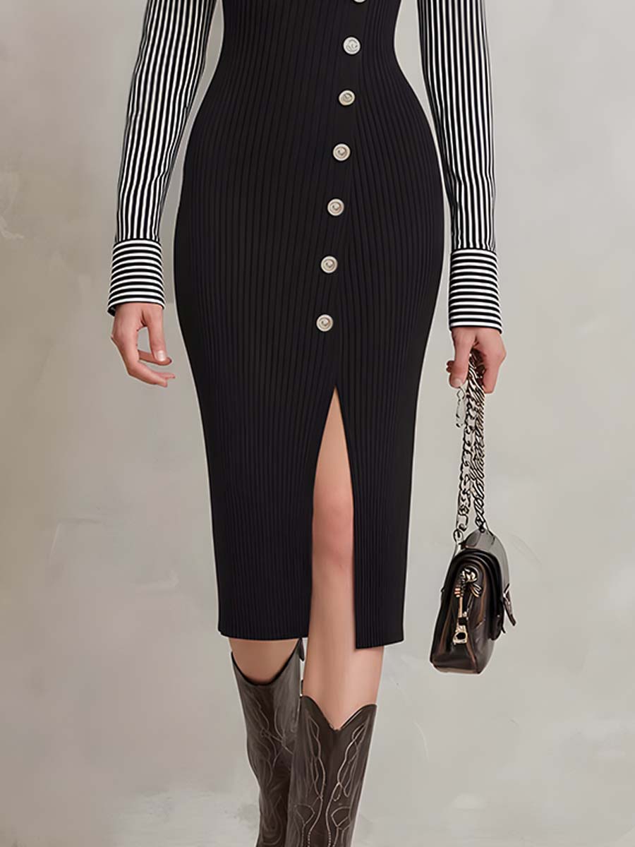 Vintage Striped Panel Faux-layered Knit Midi Dress