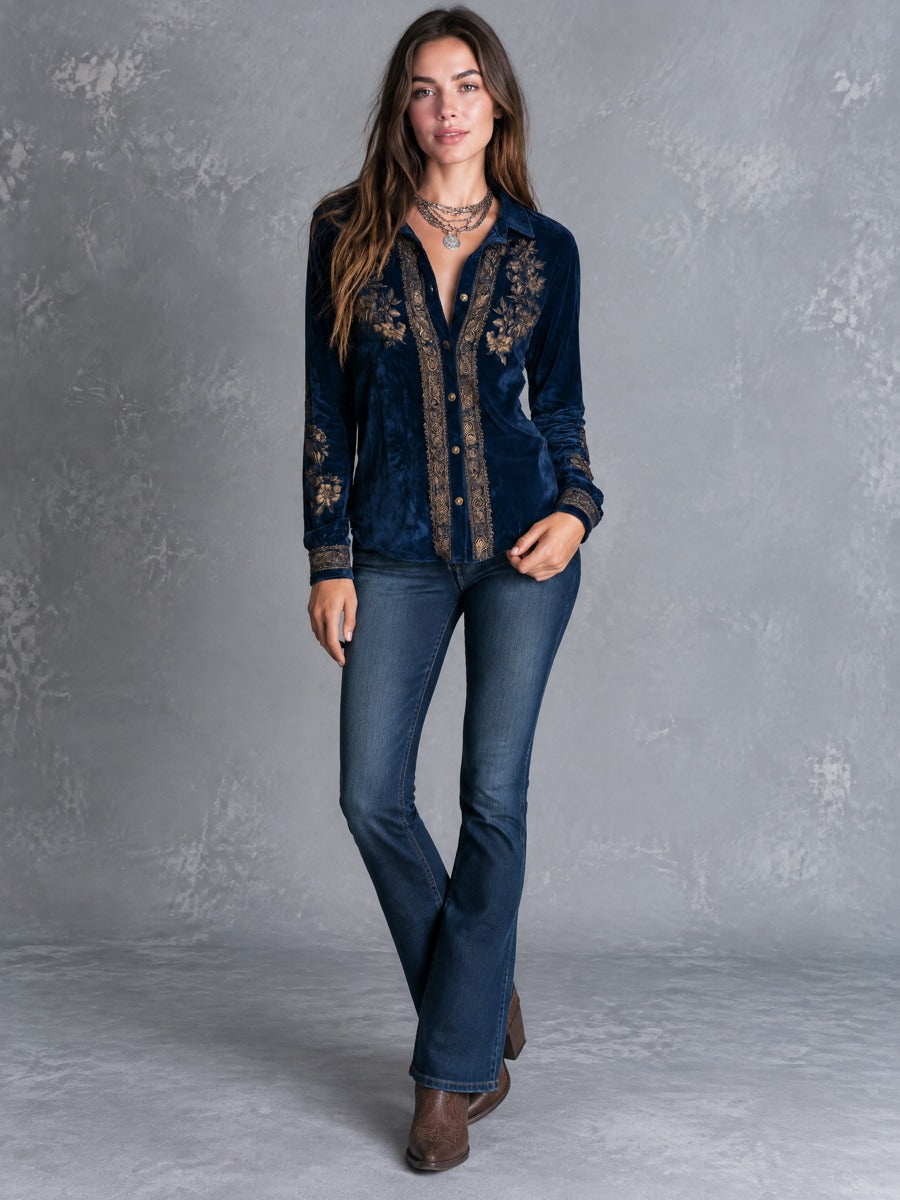 Boho Vintage Royal Blue Embroidered Velvet Blouse