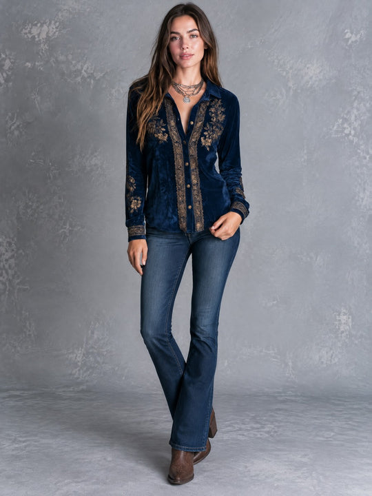 Boho Vintage Royal Blue Embroidered Velvet Blouse