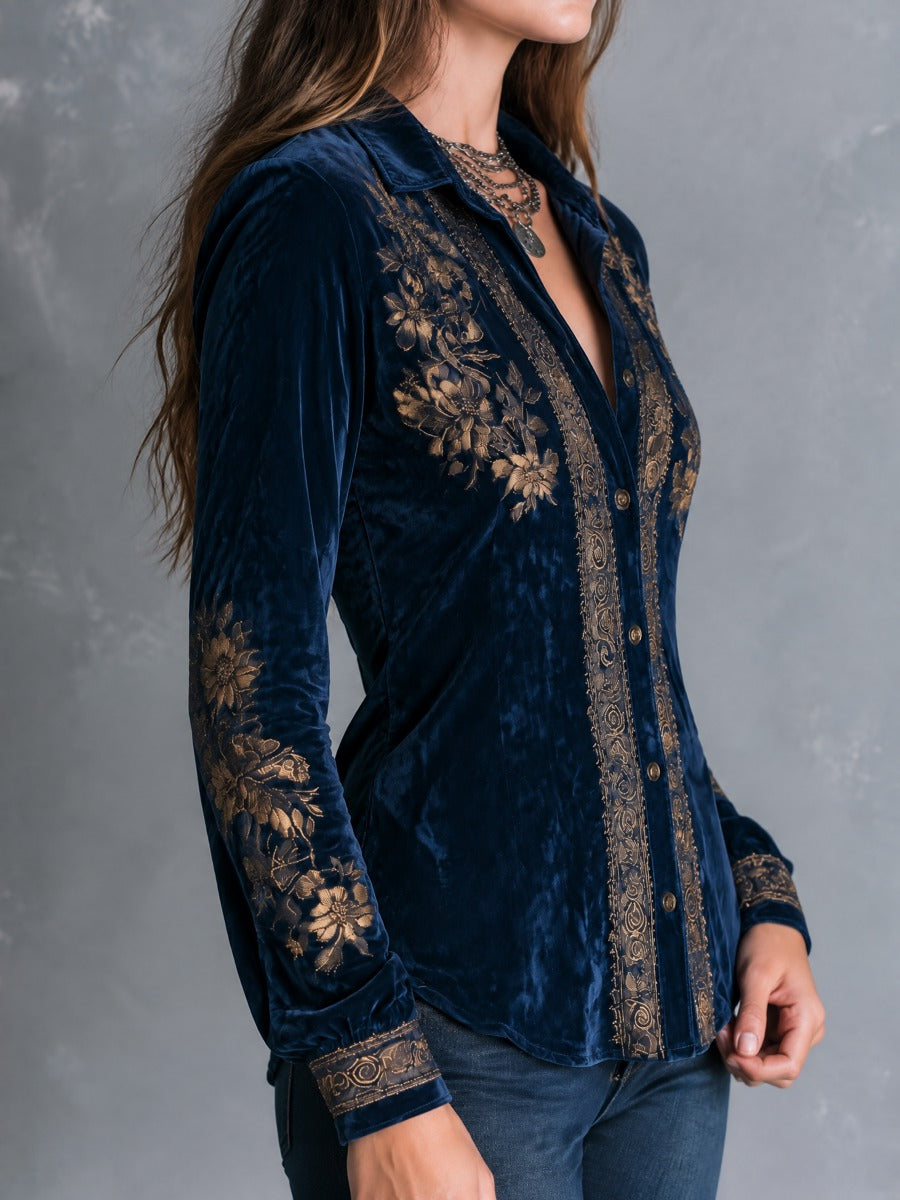 Boho Vintage Royal Blue Embroidered Velvet Blouse
