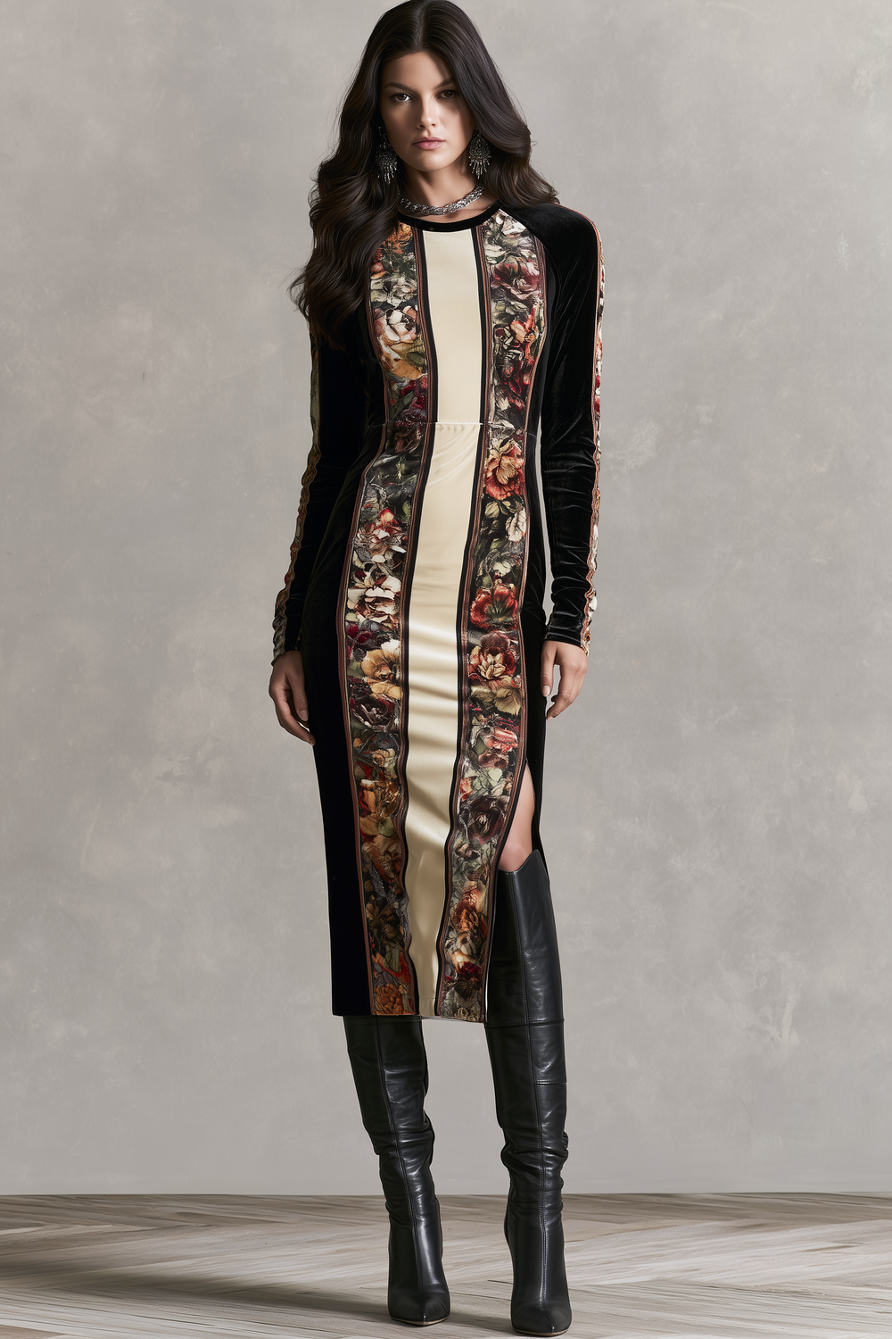 Vintage Floral Panel Velvet Long Sleeve Slit Midi Dress