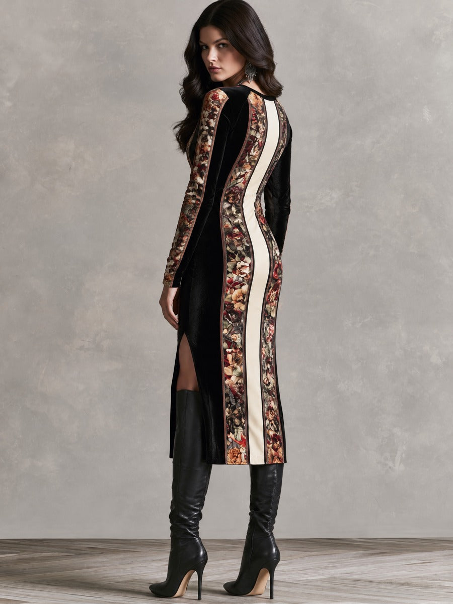 Vintage Floral Panel Velvet Long Sleeve Slit Midi Dress