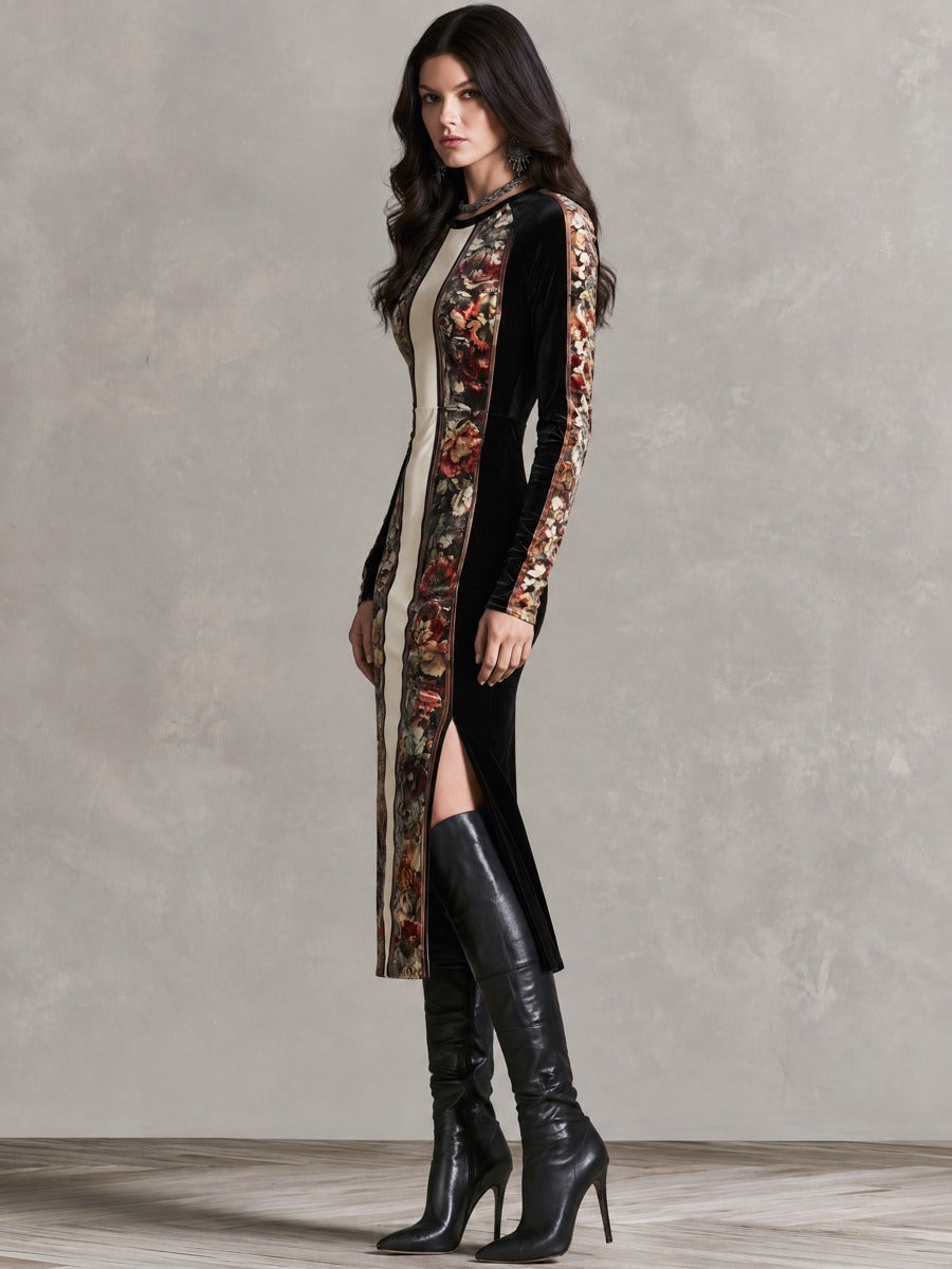 Vintage Floral Panel Velvet Long Sleeve Slit Midi Dress