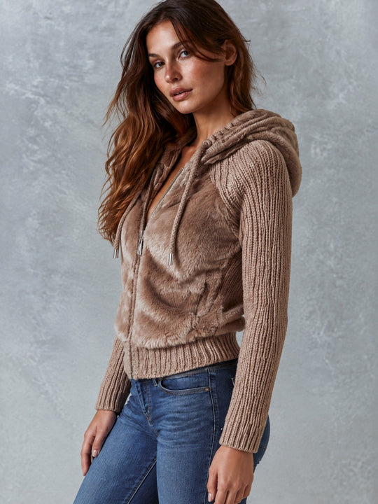 Boho Taupe Faux Fur Front Mixed Knit Hooded Zip Jacket