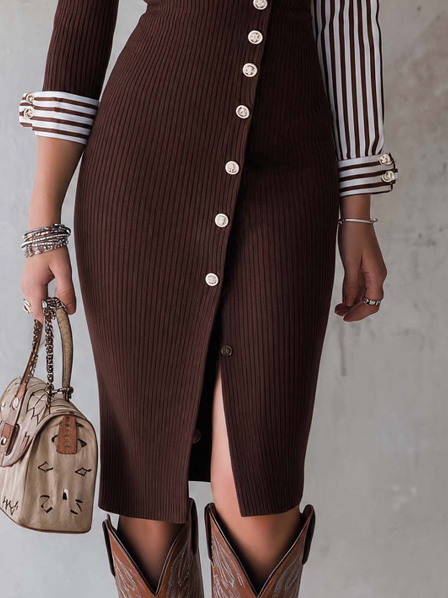 Asymmetric-shoulder Striped Knit Faux Two-piece Midi Dress
