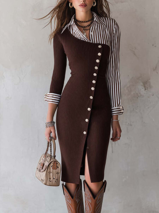 Asymmetric-shoulder Striped Knit Faux Two-piece Midi Dress