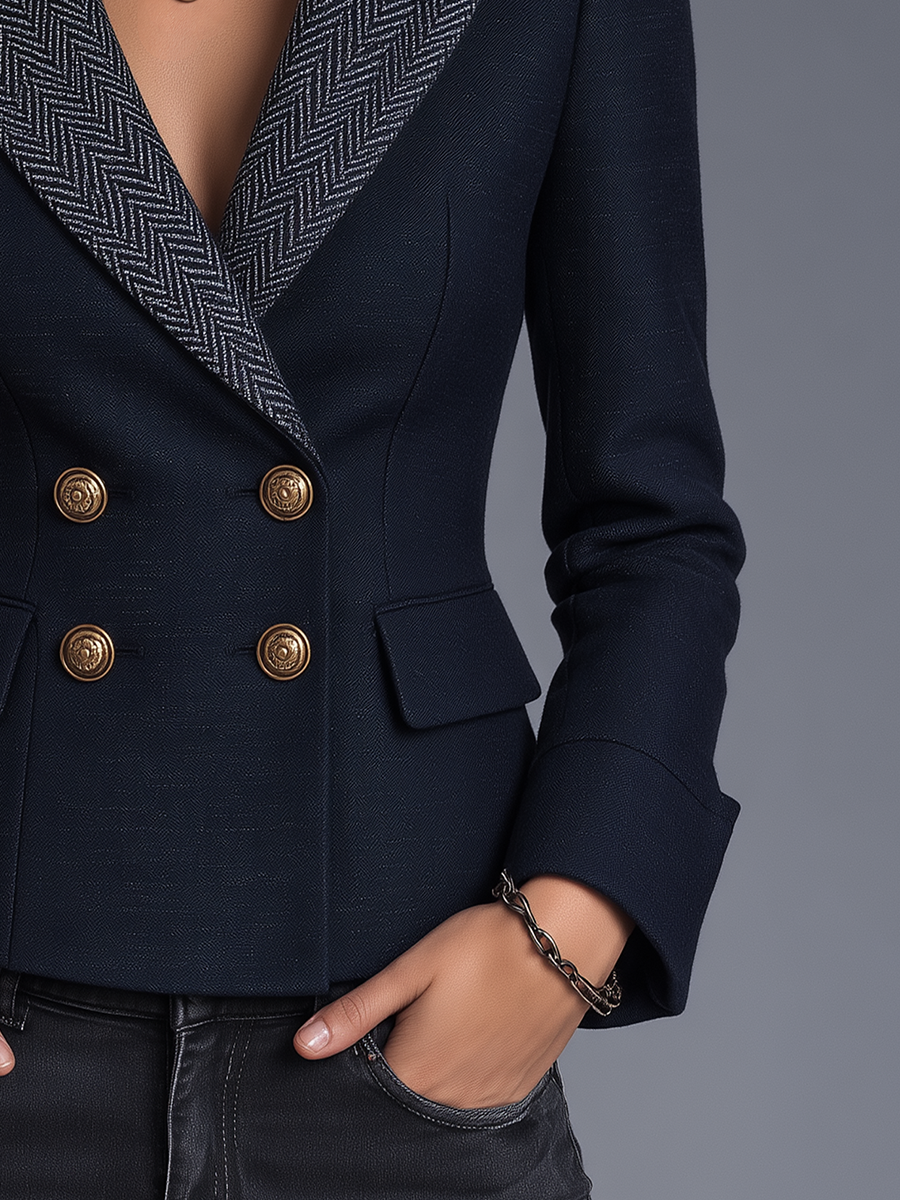 Tailored Navy Herringbone Lapel Double-Breasted Blazer