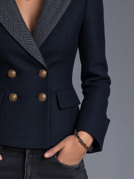 Tailored Navy Herringbone Lapel Double-Breasted Blazer
