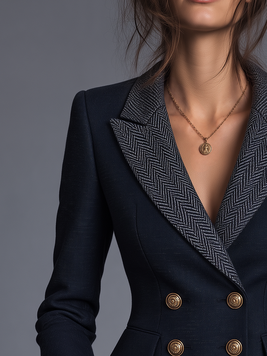 Tailored Navy Herringbone Lapel Double-Breasted Blazer