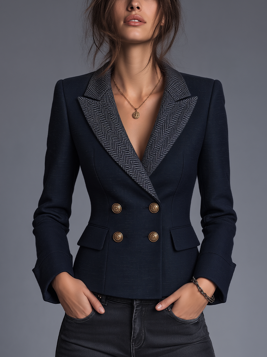 Tailored Navy Herringbone Lapel Double-Breasted Blazer